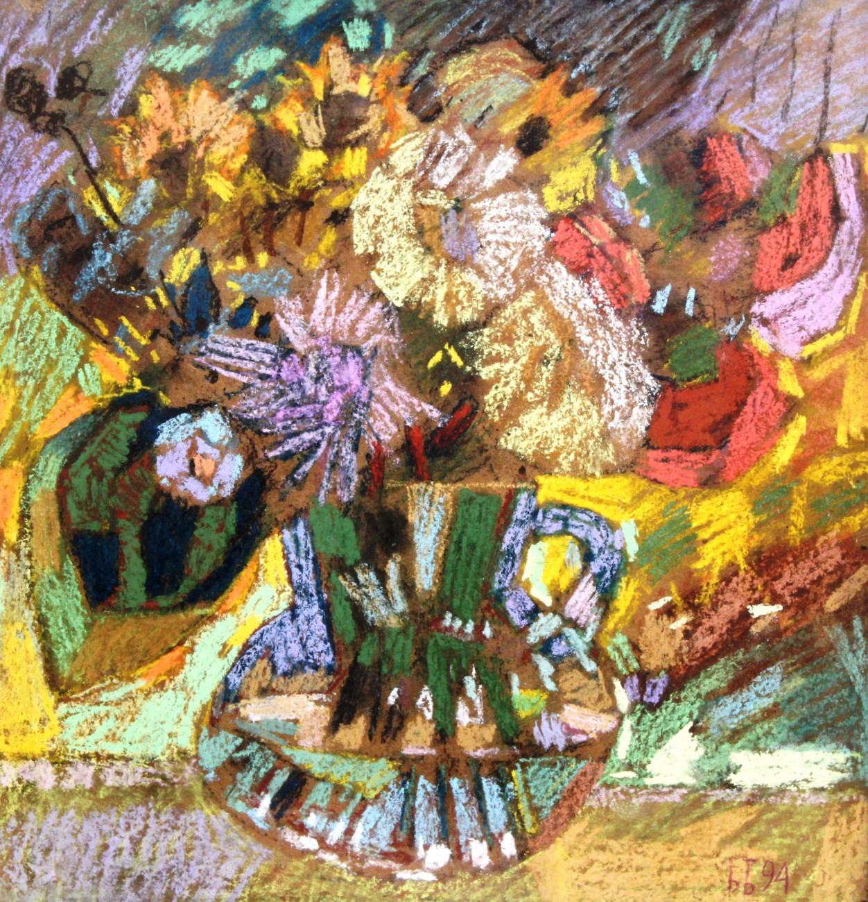 Картина «Яркие цветы». Оргалит, пастель, рисунок. 37,5 х 36,8 см. Вологодская обл., г. Череповец. 1994 г. БОКМ-6803/39 Г-245. 